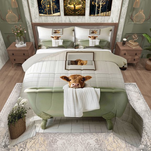Homewish Boys Girls Farmhouse Highland Cow Bedding Comforter Set 2pcs,Green Brown Twin Comforter Sets Microfiber,Animal Take A Bath Breathable Bedding Set,Microfiber Bedroom Decor,Reversible
