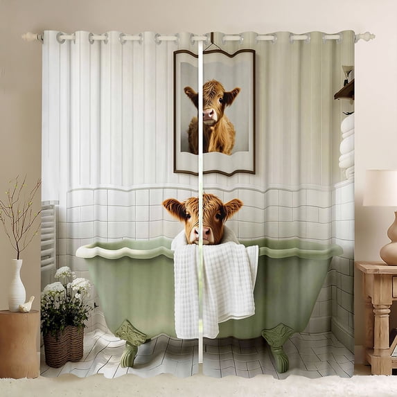 Homewish Boys Girls Farmhouse Highland Cow Curtains Pack of 2 (42x84 Each),Green Brown Curtains Blackout,Animal Take A Bath Bedroom Curtains,Microfiber Bedroom Decor