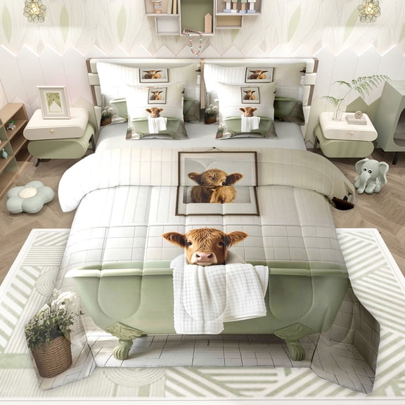 Homewish Boys Girls Farmhouse Highland Cow Twin Bedding Sets 7-Piece,Green Brown Bedding Comforter Set Microfiber,Animal Take A Bath Breathable Sheet Sets,Microfiber Bedroom Decor,Reversible