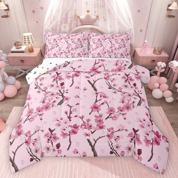 Homewish Boys Girls Flower Cherry Blossoms Bedding Comforter Set 2pcs,Pink Floral Sakura Twin Comforter Sets Microfiber,Japanese Style Breathable Bedding Set,Breathable Home Decor,Reversible