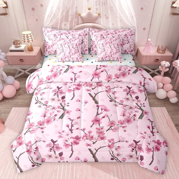 Homewish Boys Girls Flower Cherry Blossoms Twin Bedding Sets 7-Piece,Pink Floral Sakura Bedding Comforter Set Microfiber,Japanese Style Breathable Sheet Sets,Breathable Home Decor,Reversible