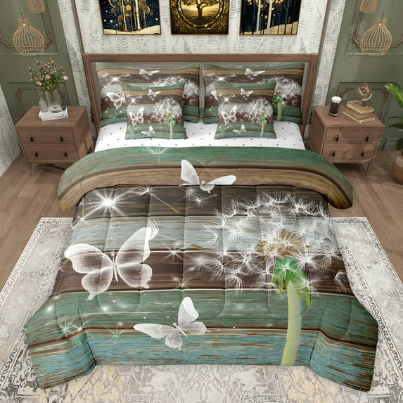 Homewish Boys Girls Flying Butterflies Twin Bedding Sets 7-Piece,Chic Floral Flower Dandelion Bedding Comforter Set Microfiber,Vintage Cottage Cabin Breathable Sheet Sets,Luxury Bedroom Decor