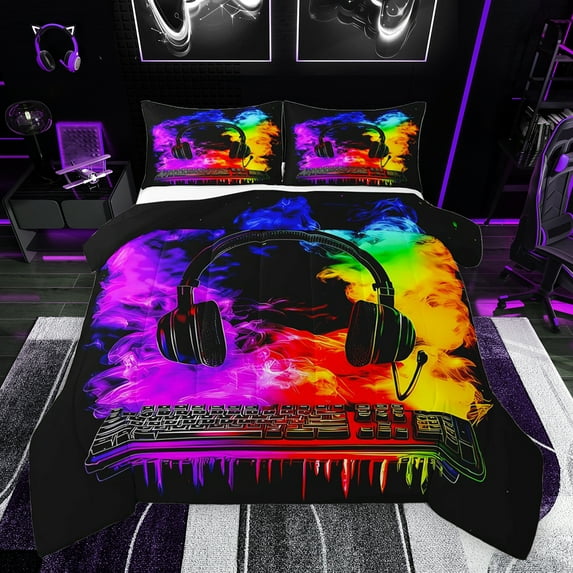 Homewish 3-Piece Gamer Headphones Keyboard Video Game Abstract Graffiti Splash Queen Comforter Set, Luxury Bedroom Decor
