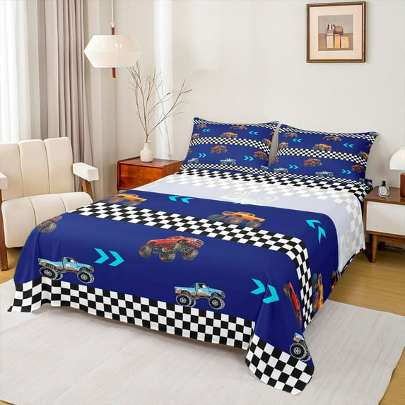 Homewish Boys Girls Geometric Plaid 4pcs Bed Sheets,Cartoon Truck King Sheets,Construction Vehicles Super Cozy Sheet Set,Lightweight Room Decor
