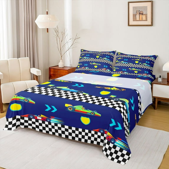 Homewish Boys Girls Geometric Plaid 4pcs Bed Sheets,Racing Car Theme King Sheets,Extreme Sport Super Cozy Sheet Set,Lightweight Room Decor