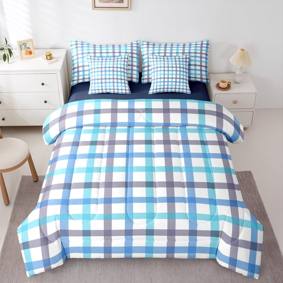 Homewish Boys Girls Geometric Plaid Grid Bedding Comforter Set 7-Piece,Colorful Stripes King Bedding Sets,Vintage Aesthetic Ultra Soft Bed Sheets,Breathable Home Decor,Reversible