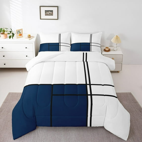 Homewish Boys Girls Geometric Stripes Rectangle Full Size Comforter Sets 3-Piece,Vintage Aesthetic Bedding Comforter Set,Minimalist Mid Century Lightweight Bedding Sets,Lightweight Room Decor