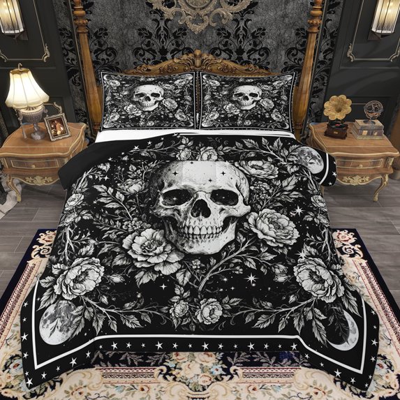 Homewish Boys Girls Gothic Skull Full Size Comforter Sets 3-Piece,Chic Floral Flowers Bedding Comforter Set,Bohemian Starry Sky Lightweight Bedding Sets,Microfiber Bedroom Decor,Reversible