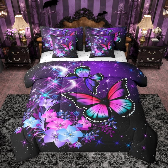 Homewish Boys Girls Gradient Butterflies Bedding Comforter Set 7pcs,Abstract Ombre Starry Sky Queen Bedding Sets Super Cozy,Chic Floral Flowers Queen Sheet Sets,Luxury Bedroom Decor,Reversible