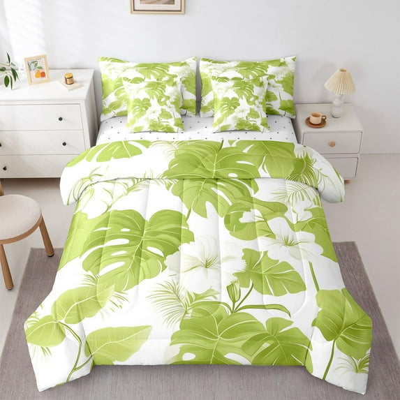 Homewish Boys Girls Green Leaves Bedding Comforter Set 7pcs,Tropical Floral Flowers Queen Bedding Sets Super Cozy,Botanical Plants Queen Sheet Sets,Breathable Home Decor,Reversible