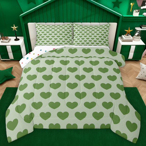 Homewish Boys Girls Green Love Heart 3 Pieces Queen Comforter Set,Dreamy Princess Ultra Soft Bedding Sets,Happy Valentine's Day Bedding Comforter Set Breathable,Lightweight Room Decor,Reversible
