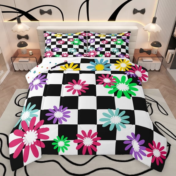 Homewish Boys Girls Groovy Flower Bedding Comforter Set 2pcs,Geometric Plaid Twin Comforter Sets Microfiber,Vintage Aesthetic Breathable Bedding Set,Breathable Home Decor,Reversible