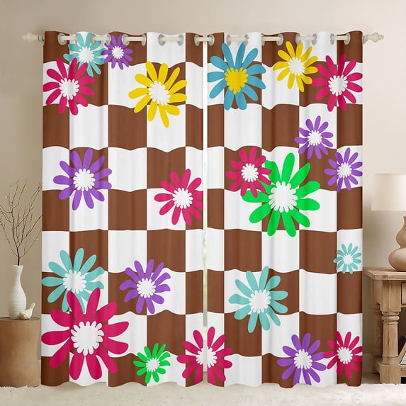 Homewish Boys Girls Groovy Flower Blackout Curtains Set of 2 (52x84 Each),Geometric Plaid Window Curtains,Vintage Aesthetic Curtains and Drapes,Breathable Home Decor