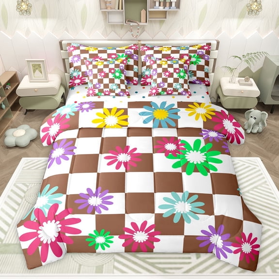 Homewish Boys Girls Groovy Flower Twin Bedding Sets 7-Piece,Geometric Plaid Bedding Comforter Set Microfiber,Vintage Aesthetic Breathable Sheet Sets,Breathable Home Decor,Reversible