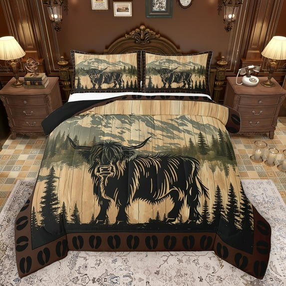 Homewish Boys Girls Highland Cow 3 Pieces Queen Comforter Set,Vintage Lodge Cabin Ultra Soft Bedding Sets,Farmhouse Animal Bedding Comforter Set Breathable,Microfiber Bedroom Decor,Reversible