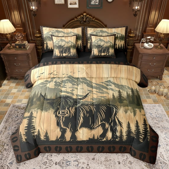 Homewish Boys Girls Highland Cow Bedding Comforter Set 7-Piece,Vintage Lodge Cabin King Bedding Sets,Farmhouse Animal Ultra Soft Bed Sheets,Microfiber Bedroom Decor,Reversible