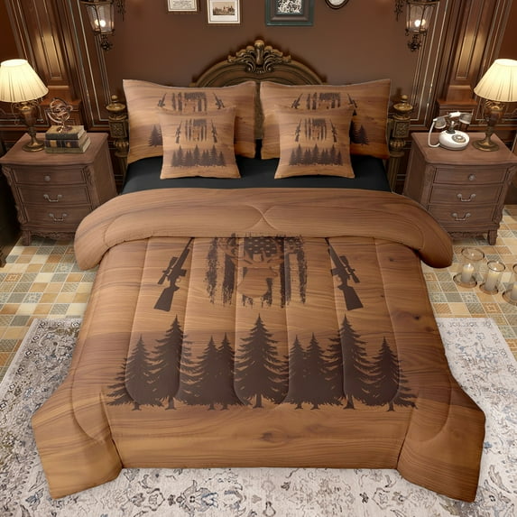Homewish Boys Girls Jungle Animal Deer Twin Bedding Sets 7-Piece,Vintage USA Flag Bedding Comforter Set Microfiber,Wildlife Hunting Breathable Sheet Sets,Breathable Home Decor,Reversible