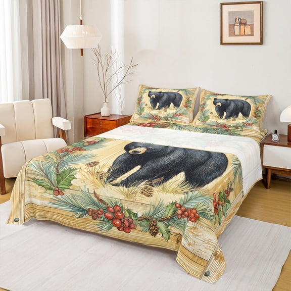 Homewish Boys Girls Jungle Safari Bear Twin Sheet Sets 3pcs,Retro Vintage Twin Fitted Sheet Microfiber,Lodge Cabin Breathable Flat Sheet,Breathable Home Decor