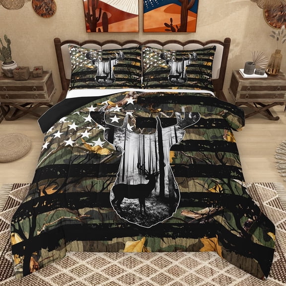 Homewish Boys Girls Jungle Safari Deer 3 Pieces Queen Comforter Set,USA Flag Ultra Soft Bedding Sets,Tree Branches Bedding Comforter Set Breathable,Breathable Home Decor,Reversible