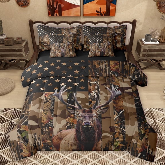 Homewish Boys Girls Jungle Safari Deer Bedding Comforter Set 7-Piece,USA Flag King Bedding Sets,Tree Branches Ultra Soft Bed Sheets,Breathable Home Decor,Reversible