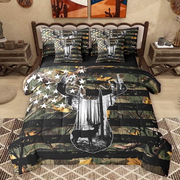 Homewish Boys Girls Jungle Safari Deer Bedding Comforter Set 7pcs,USA Flag Queen Bedding Sets Super Cozy,Tree Branches Queen Sheet Sets,Breathable Home Decor,Reversible