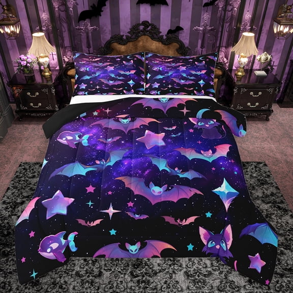 Homewish Boys Girls Kawaii Bats Cats Whale 3 Pieces Queen Comforter Set,Galaxy Starry Sky Ultra Soft Bedding Sets,Abstract Gradient Stars Print Bedding Comforter Set Breathable