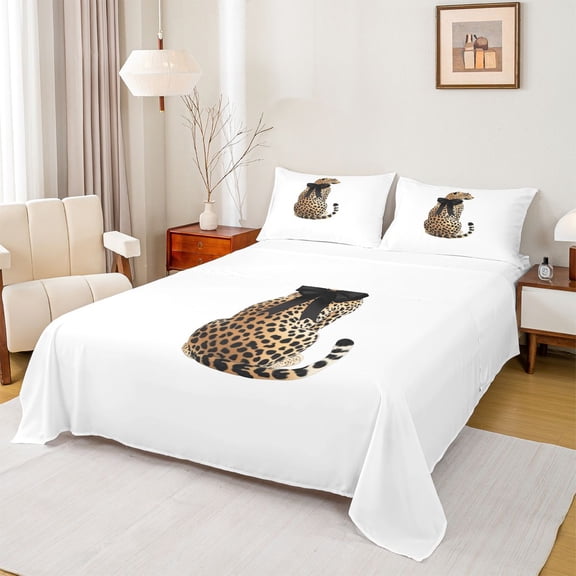 Homewish Boys Girls Kawaii Black Ribbon Bow Twin Sheet Sets 3pcs,Animal Leopard Twin Fitted Sheet Microfiber,Woodland Safari Cheetah Breathable Flat Sheet,Breathable Home Decor