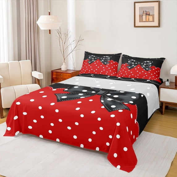 Homewish Boys Girls Kawaii Bow Knot 4 Pieces Queen Sheet Sets,Polka Dots Ultra Soft Flat Sheet,Black Red Queen Fitted Sheet,Breathable Home Decor