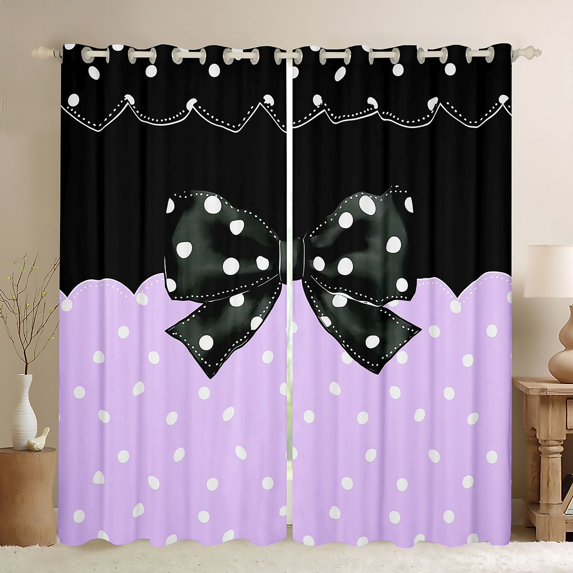 Homewish Boys Girls Kawaii Bow Knot Black Out Curtains,Polka Dots Curtains Pack of 2 (42x63 Each),Black Purple Bedroom Curtains,Breathable Home Decor