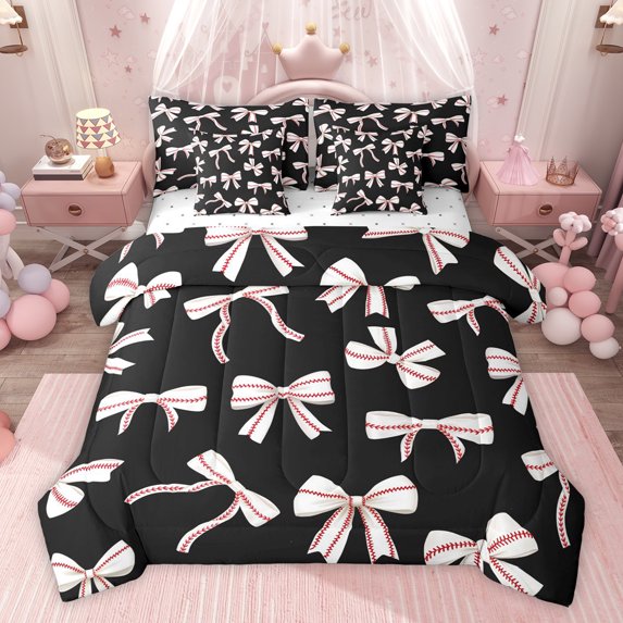 Homewish Boys Girls Kawaii Bow Knot Twin Bedding Sets 7-Piece,Geometric Stripes Bedding Comforter Set Microfiber,Dreamy Princess Breathable Sheet Sets,Microfiber Bedroom Decor,Reversible