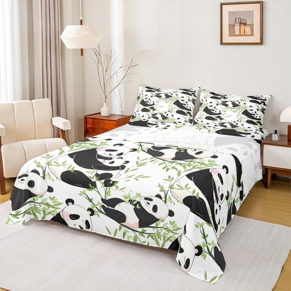 Homewish Boys Girls Kawaii Panda 4pcs Bed Sheets,Green Tree Leaves King Sheets,Cartoon Animal Super Cozy Sheet Set,Lightweight Room Decor