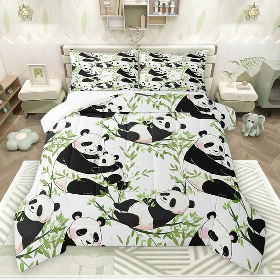 Homewish Boys Girls Kawaii Panda Bedding Comforter Set 2pcs,Green Tree Leaves Twin Comforter Sets Microfiber,Cartoon Animal Breathable Bedding Set,Lightweight Room Decor