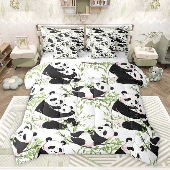Homewish Boys Girls Kawaii Panda Twin Bedding Sets 7-Piece,Green Tree Leaves Bedding Comforter Set Microfiber,Cartoon Animal Breathable Sheet Sets,Lightweight Room Decor,Reversible