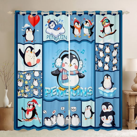 Homewish Boys Girls Kawaii Penguins Blackout Curtains Set of 2 (52x84 Each),Geometric Plaid Window Curtains,Cartoon Animal Curtains and Drapes,Lightweight Room Decor