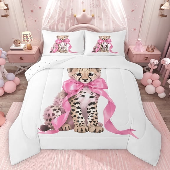 Homewish Boys Girls Kawaii Pink Ribbon Bow 3 Pieces Queen Comforter Set,Animal Leopard Ultra Soft Bedding Sets,Cartoon Cheetah Bedding Comforter Set Breathable,Breathable Home Decor,Reversible