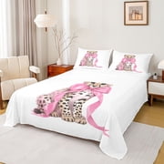 Homewish Boys Girls Kawaii Pink Ribbon Bow Twin Sheet Sets 3pcs,Animal Leopard Twin Fitted Sheet Microfiber,Cartoon Cheetah Breathable Flat Sheet,Breathable Home Decor