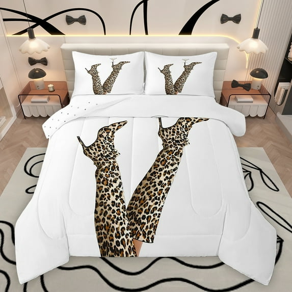 Homewish Boys Girls Leopard Print High Heels Bedding Comforter Set 2pcs,Animal Cheetah Print Twin Comforter Sets Microfiber,Vintage Aesthetic Breathable Bedding Set,Breathable Home Decor