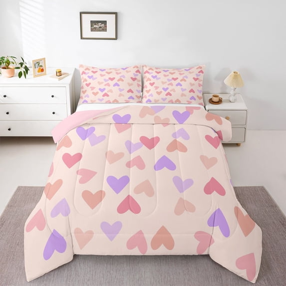 Homewish Boys Girls Love Heart Print Bedding Comforter Set 2pcs,Dreamy Princess Twin Comforter Sets Microfiber,Pink Purple Breathable Bedding Set,Lightweight Room Decor,Reversible