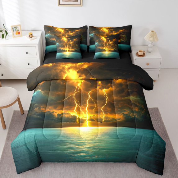 Homewish Boys Girls Orange Lightning Bedding Comforter Set 7pcs,Abstract Gradient Queen Bedding Sets Super Cozy,Natural Disaster Queen Sheet Sets,Microfiber Bedroom Decor,Reversible