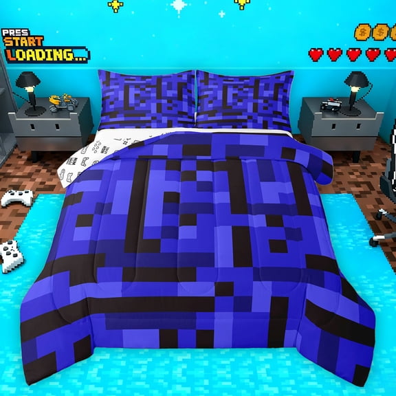 Homewish Boys Girls Pixelated Miners Game 3 Pieces Queen Comforter Set,Geometric Plaid Grid Ultra Soft Bedding Sets,Abstract Video Game Bedding Comforter Set Breathable,Luxury Bedroom Decor