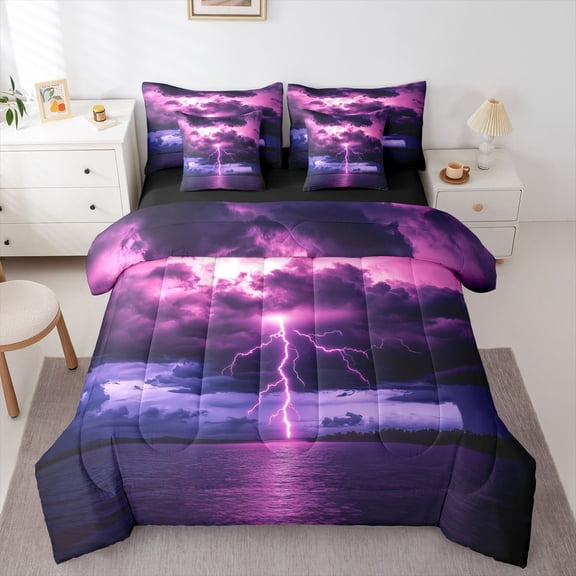 Homewish Boys Girls Purple Lightning Bedding Comforter Set 7-Piece,Abstract Gradient King Bedding Sets,Natural Disaster Ultra Soft Bed Sheets,Microfiber Bedroom Decor,Reversible