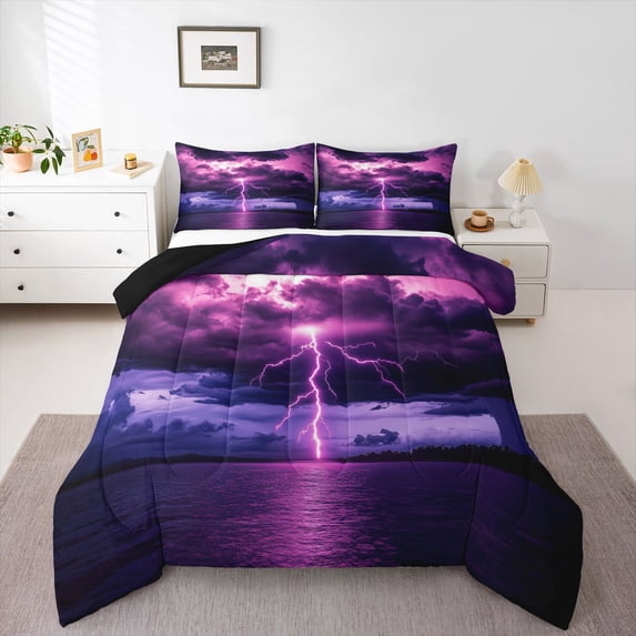 Homewish Boys Girls Purple Lightning Full Size Comforter Sets 3-Piece,Abstract Gradient Bedding Comforter Set,Natural Disaster Lightweight Bedding Sets,Microfiber Bedroom Decor,Reversible