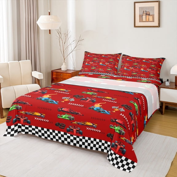 Homewish Boys Girls Sport Car 4 Pieces Queen Sheet Sets,Racing Car Theme Ultra Soft Flat Sheet,Geometric Plaid Grid Queen Fitted Sheet,Super Cozy Room Decor