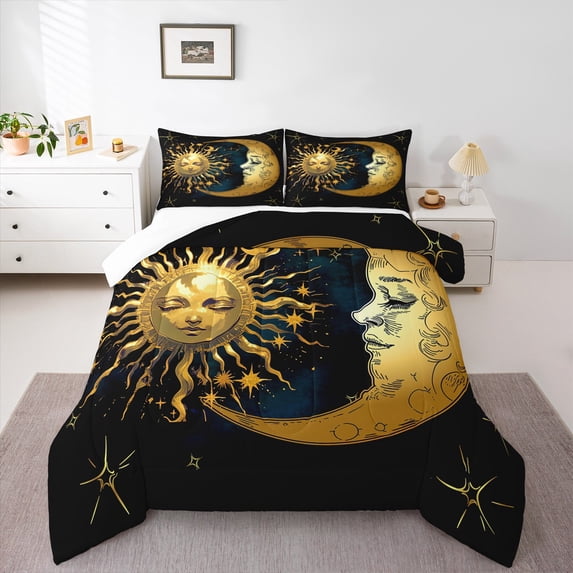 Homewish Boys Girls Sun And Moon 3 Pieces Queen Comforter Set,Bohemian Theme Ultra Soft Bedding Sets,Exotic Style Bedding Comforter Set Breathable,Ultra Soft Home Decor