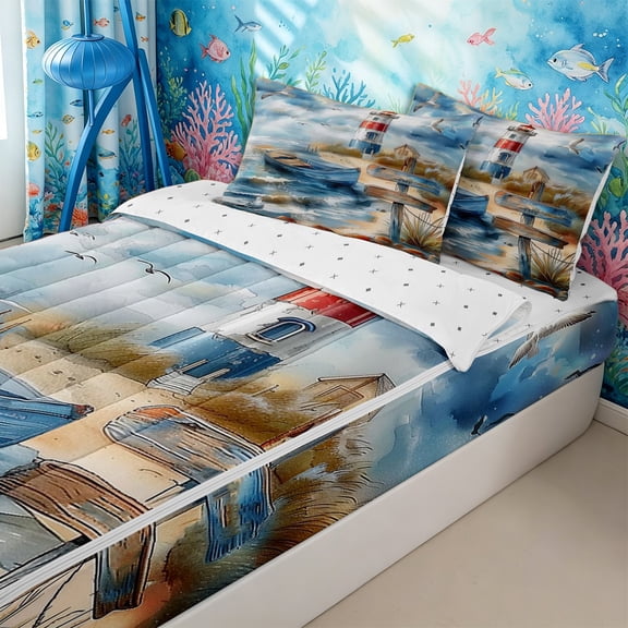 Homewish Boys Girls Vintage Lighthouse Zipper Twin Comforter Sets with Fitted Sheet and 2 Pillowcases,Ocean Beach Zipper Bedding Set for Teens,4-Piece