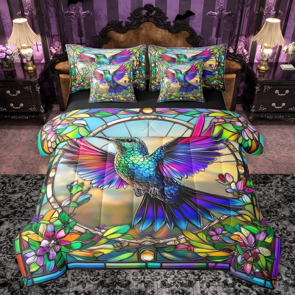 Homewish Boys Girls Wildlife Hummingbird Bedding Comforter Set 7-Piece,Exotic Style King Bedding Sets,Chic Colorful Flowers Ultra Soft Bed Sheets,Ultra Soft Home Decor,Reversible