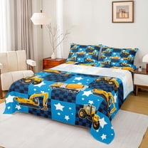 Homewish Boys Girls Yellow Truck Twin Sheet Sets 3pcs,Cartoon Car Twin Fitted Sheet Microfiber,Geometric Plaid Grid Breathable Flat Sheet,Super Cozy Room Decor