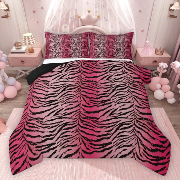 Homewish Boys Girls Zebra Print 3 Pieces Queen Comforter Set,Abstract Geometric Stripes Ultra Soft Bedding Sets,Black Pink Bedding Comforter Set Breathable,Ultra Soft Home Decor,Reversible