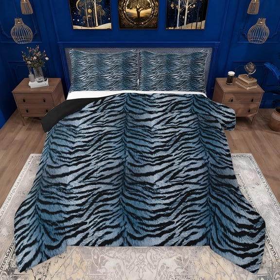 Homewish Boys Girls Zebra Print Bedding Comforter Set 2pcs,Abstract Geometric Stripes Twin Comforter Sets Microfiber,Black Blue Breathable Bedding Set,Ultra Soft Home Decor,Reversible