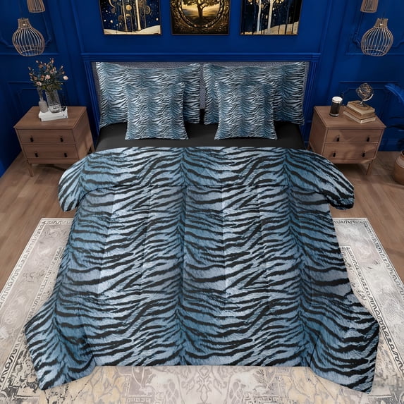 Homewish Boys Girls Zebra Print Bedding Comforter Set 7-Piece,Abstract Geometric Stripes King Bedding Sets,Black Blue Ultra Soft Bed Sheets,Ultra Soft Home Decor,Reversible